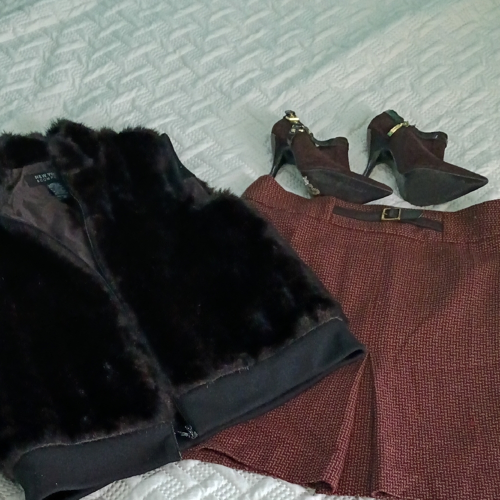 Faux Fur Vest and Tweed Skirt Set